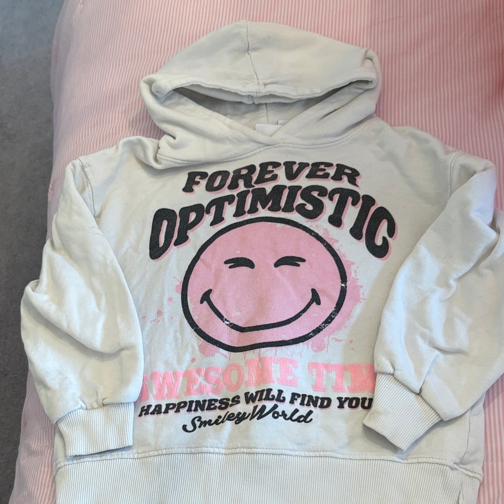 Zara Cream Hoodie with Pink & Black Graphic "Forever Optimistic"